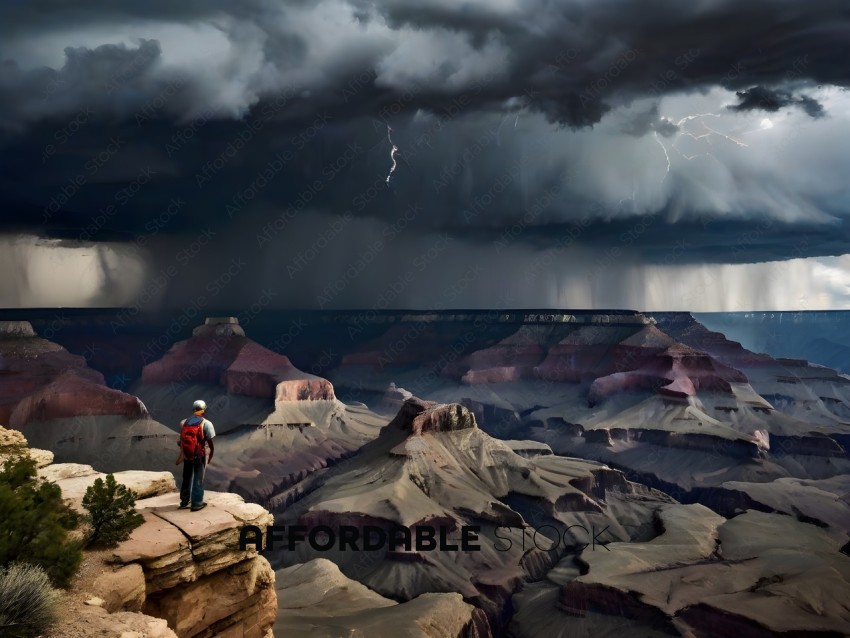 A person standing on a cliff overlooking a stormy sky