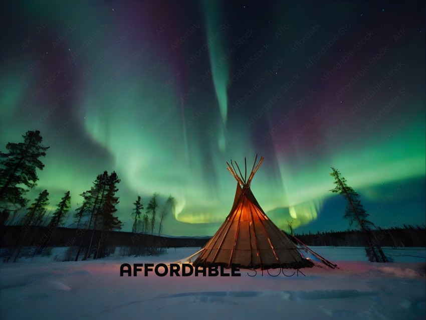 A teepee with a glowing sky in the background