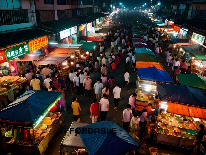 A crowded street market at night