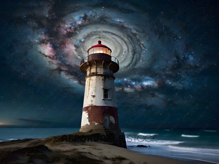 A lighthouse with a spiral design on a beach at night