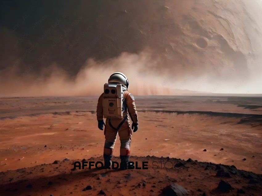 Astronaut standing on a barren planet