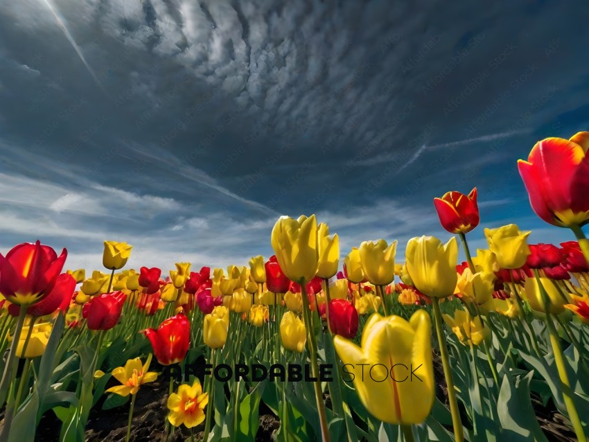 A field of yellow and red tulips with a blue sky in the background