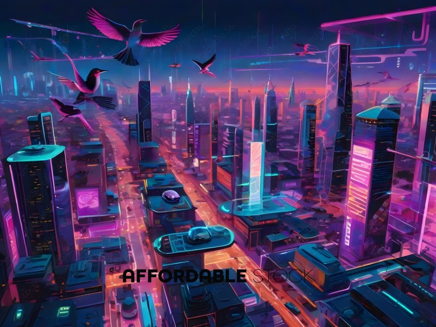 A futuristic cityscape with flying cars and pink and blue lights