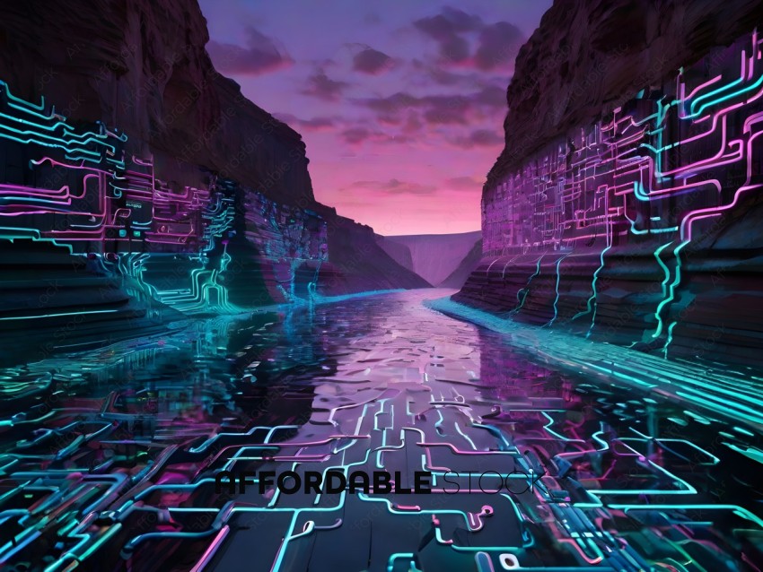 A neon-colored river runs through a neon-colored canyon