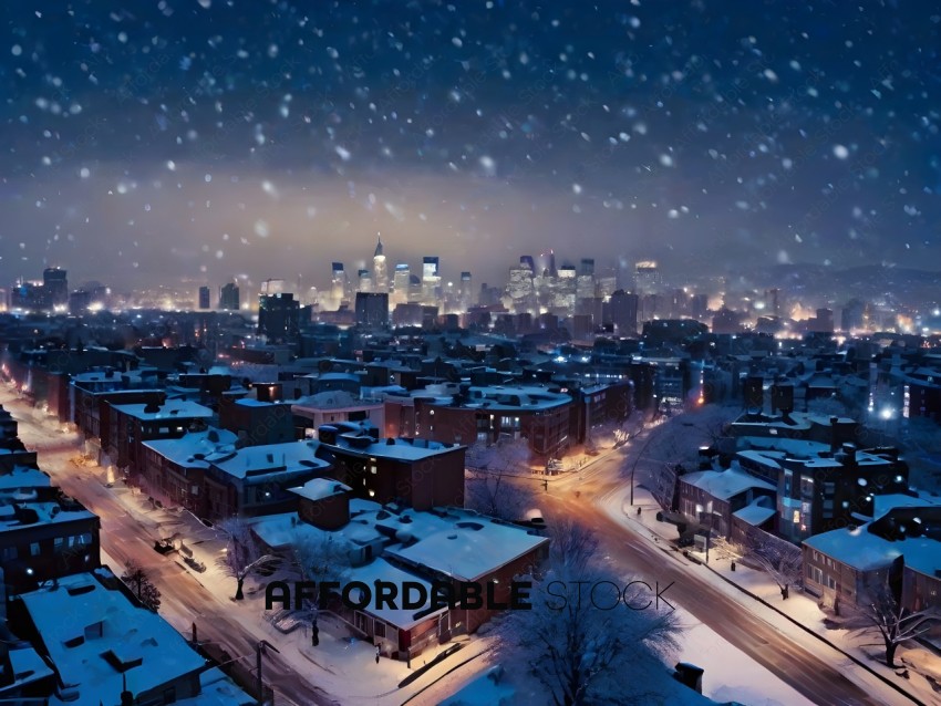 Snowy Cityscape at Night