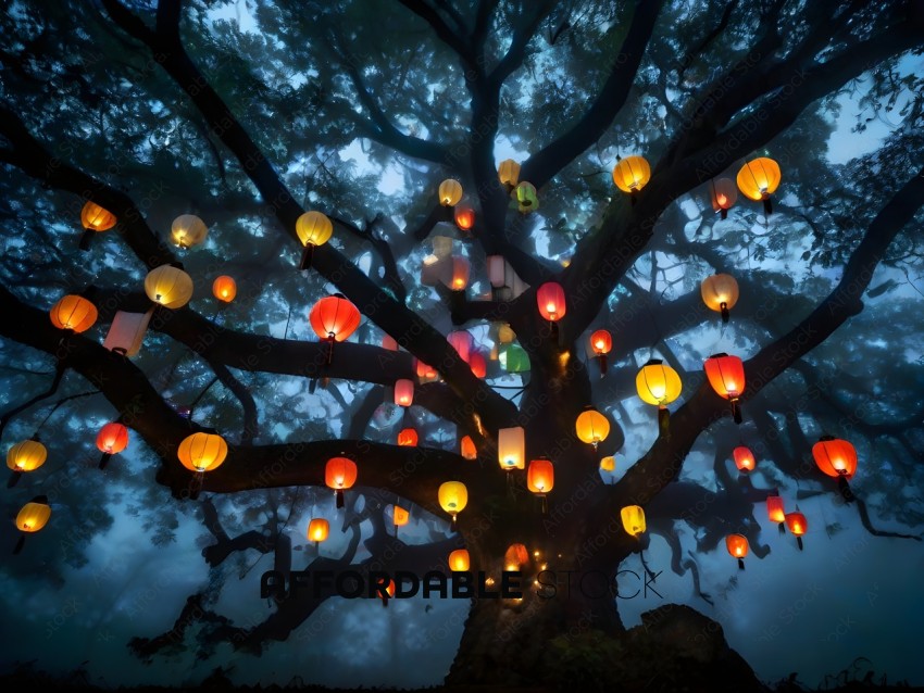 A tree with many lanterns on it