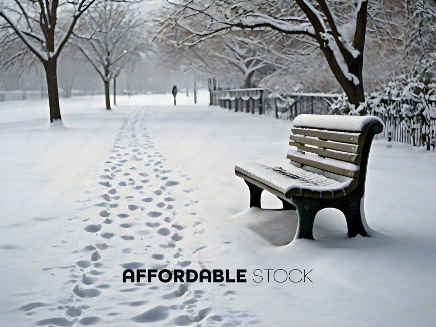 A snow covered park bench