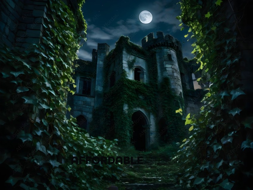 A dark and eerie scene of a castle with ivy growing on it