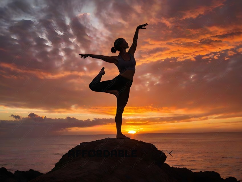 A woman in a black leotard and black pants is doing a ballet pose on a rock overlooking the ocean