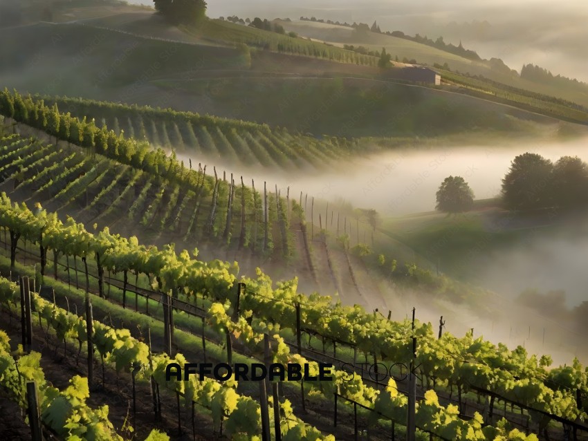 A vineyard with fog and trees in the background