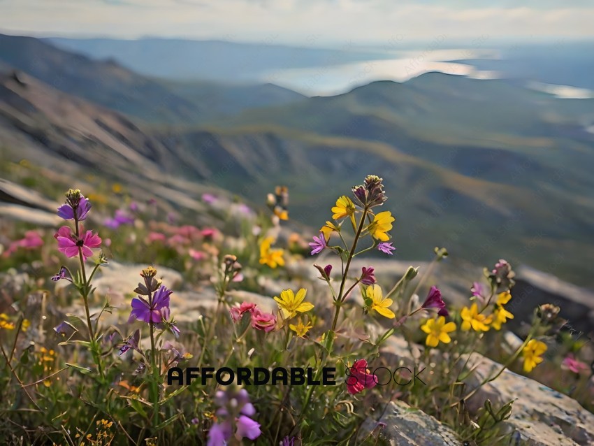 A beautiful mountain landscape with a variety of flowers
