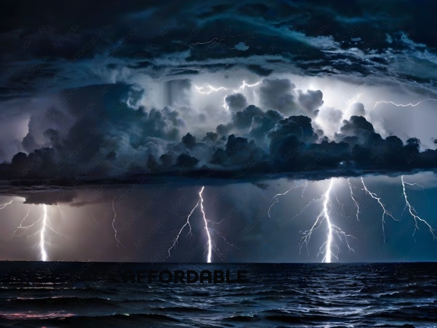 A stormy night with lightning and thunder over the ocean