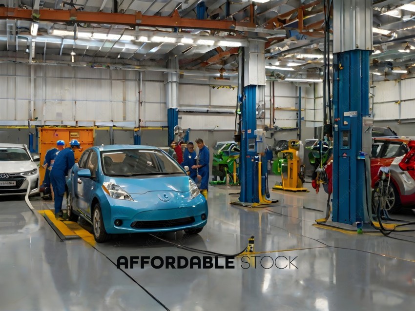 Workers in a factory setting with a blue car