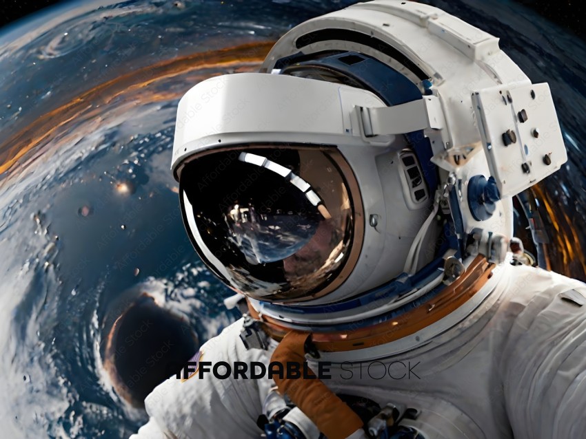 Astronaut in Space Suit Looking Down at Earth