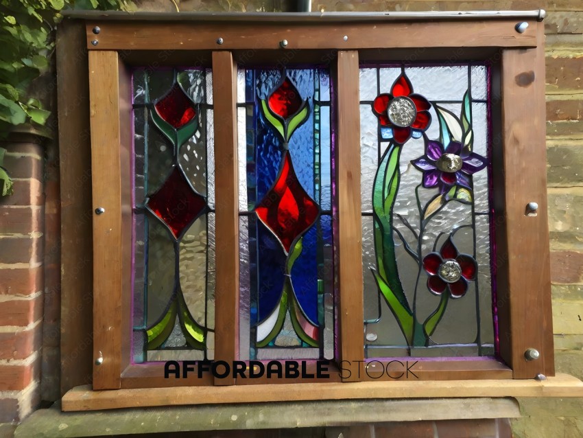 A stained glass window with a flower design