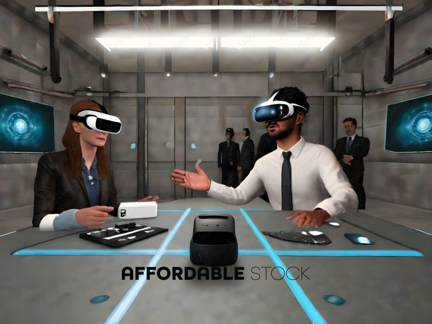 Two people wearing virtual reality headsets are sitting at a table