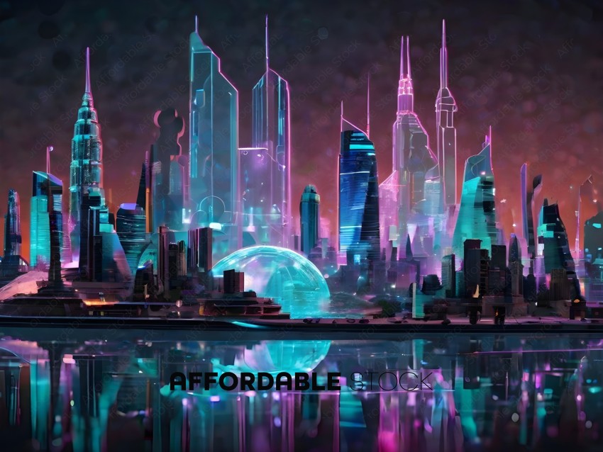 A futuristic cityscape with a large, glowing sphere