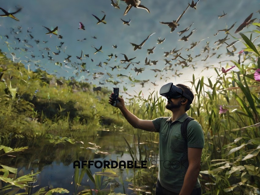 Man wearing a green shirt and holding a cell phone with a flock of birds in the background