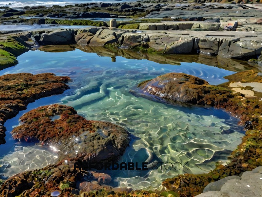 A rocky shore with a body of water reflecting the sky