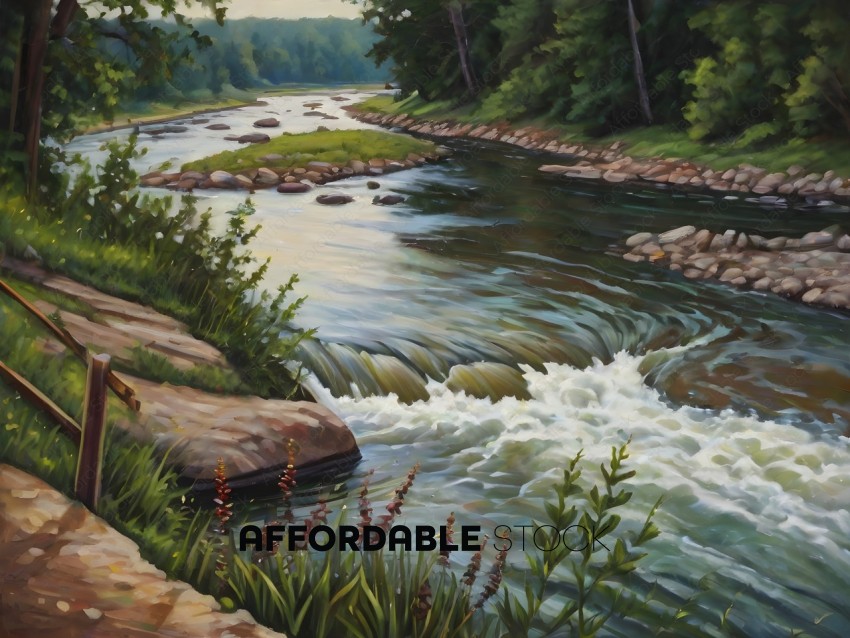 A painting of a river with rocks and plants