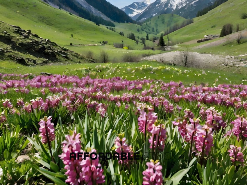 A field of pink flowers with mountains in the background