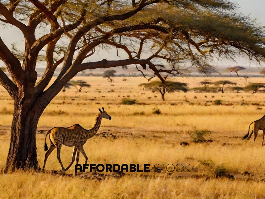 A giraffe walking through a dry grass field