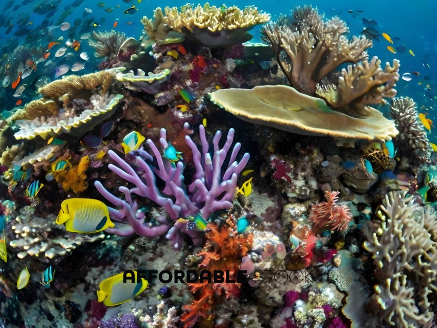 A colorful coral reef with a variety of sea creatures