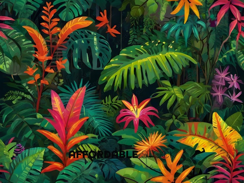 A colorful jungle scene with a variety of plants and flowers