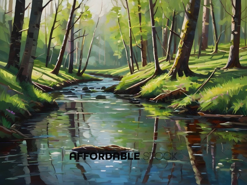 A painting of a river with trees reflecting in the water