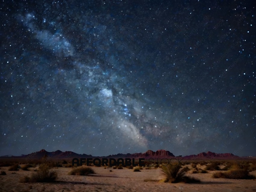 A nighttime view of the desert with a starry sky and a mountain range
