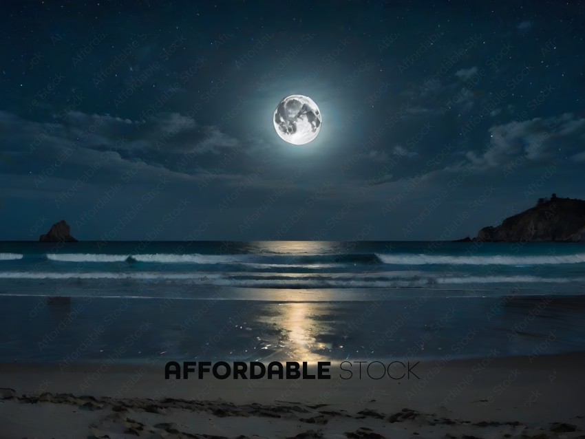 A beautiful beach scene at night with a full moon