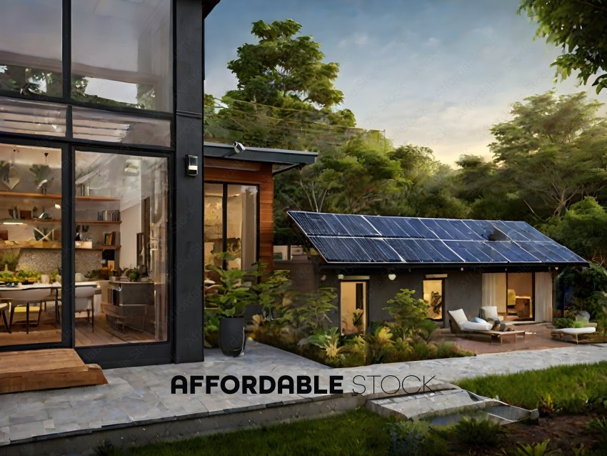 A house with a solar panel roof and a garden