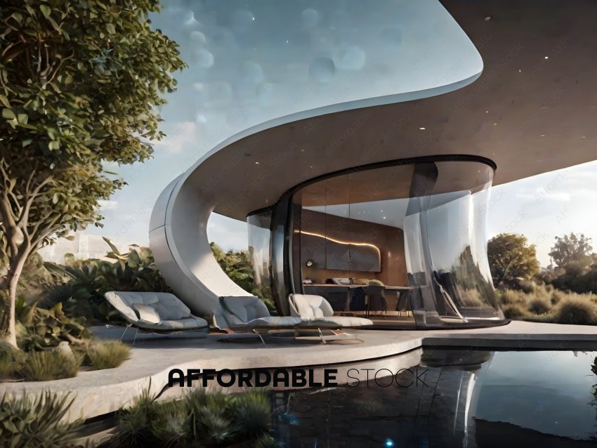 A futuristic house with a pool and a glass wall