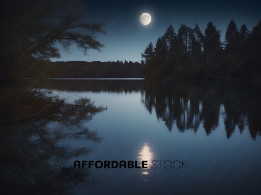 A Full Moon Rises Over a Lake at Dusk