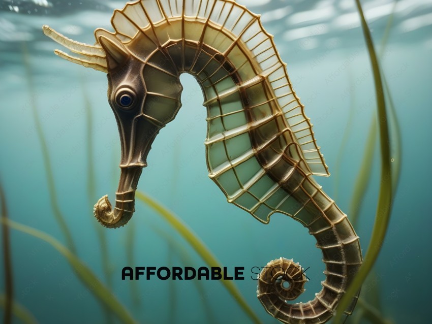 A sea horse with a spiral shell on its head