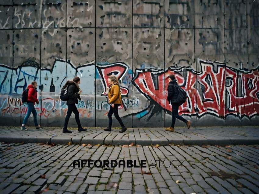 Three people walking on a brick sidewalk past a graffiti wall