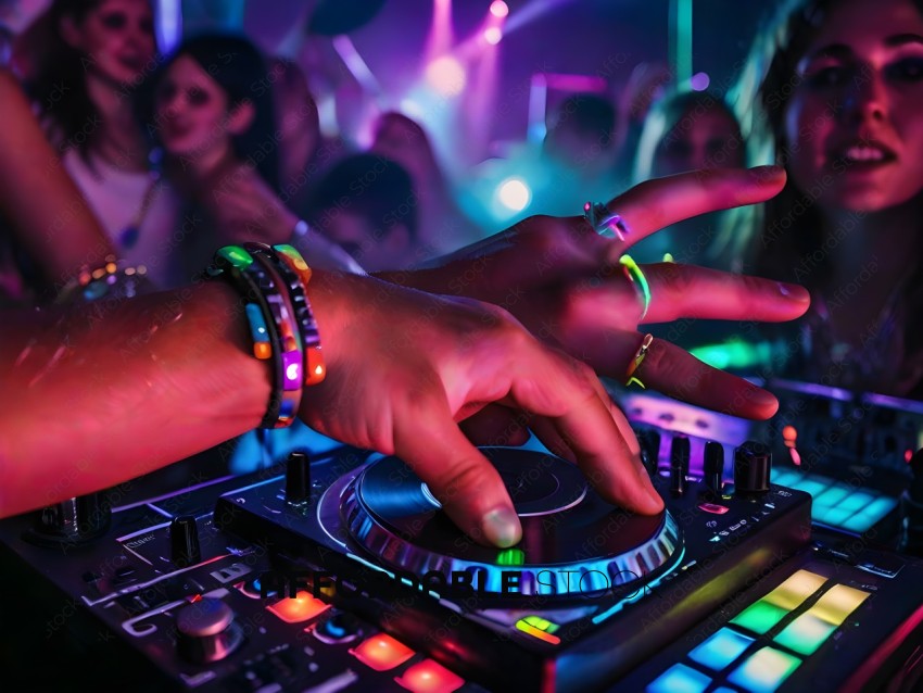 A DJ with a rainbow bracelet and rings on his fingers is playing music