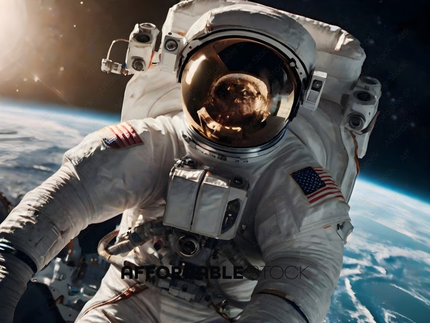 Astronaut in a white suit with an American flag patch on the sleeve