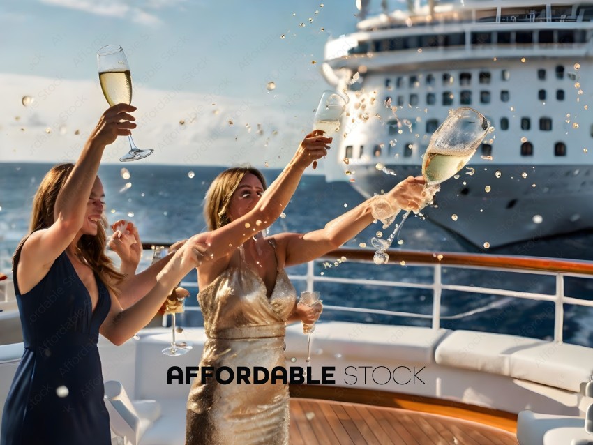 Two women celebrating on a boat with champagne