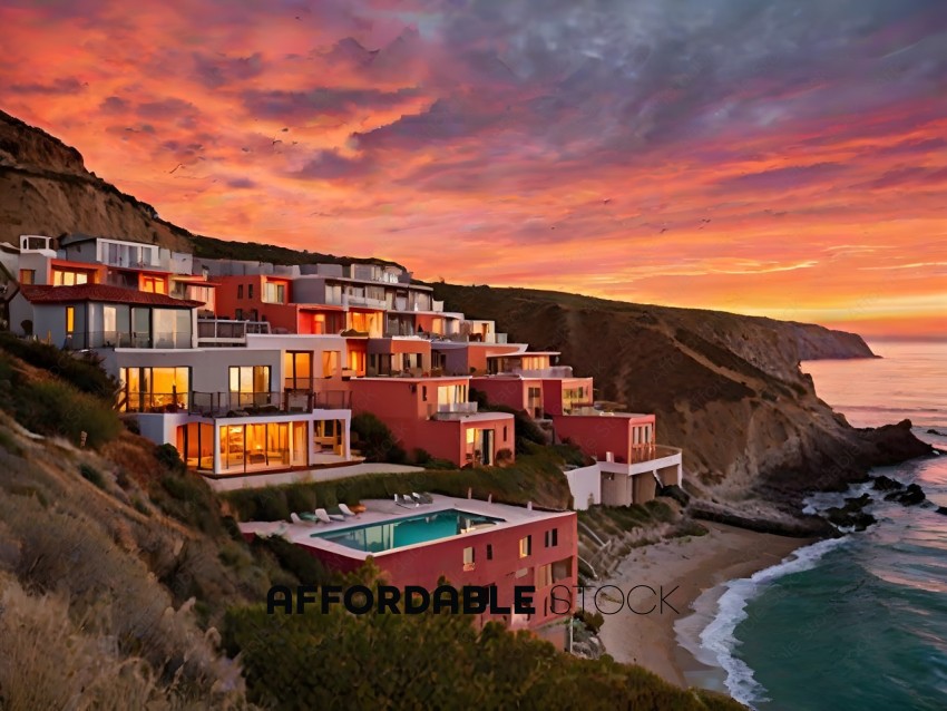 A group of houses on a cliff overlooking the ocean
