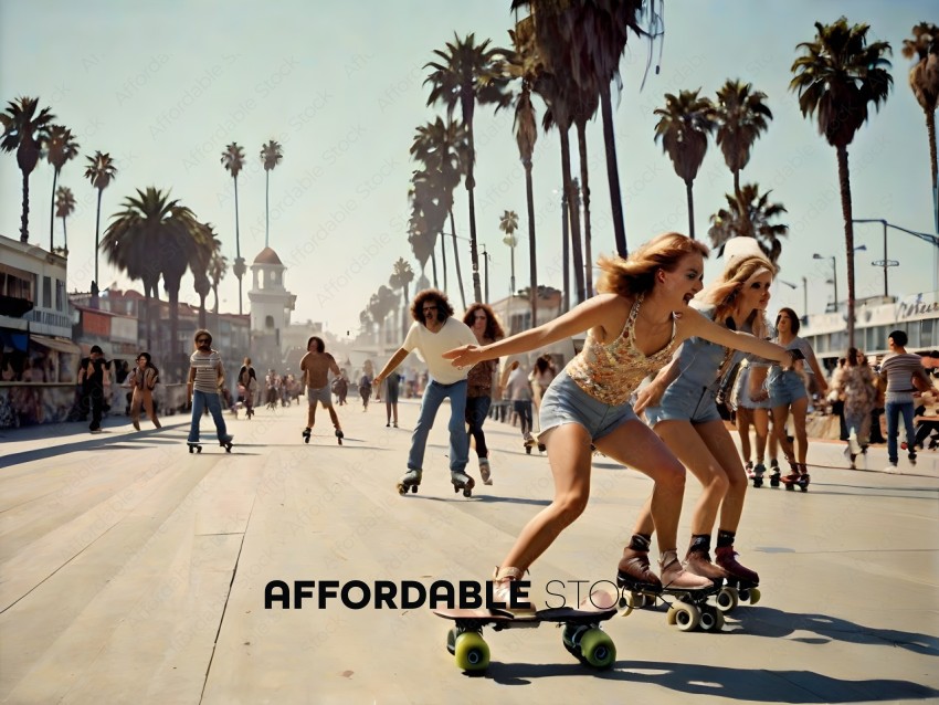 Skateboarders in a city with palm trees