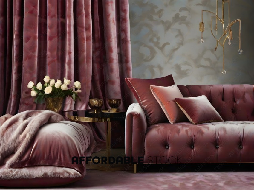 A Pink Bedroom with a Gold Couch and Table