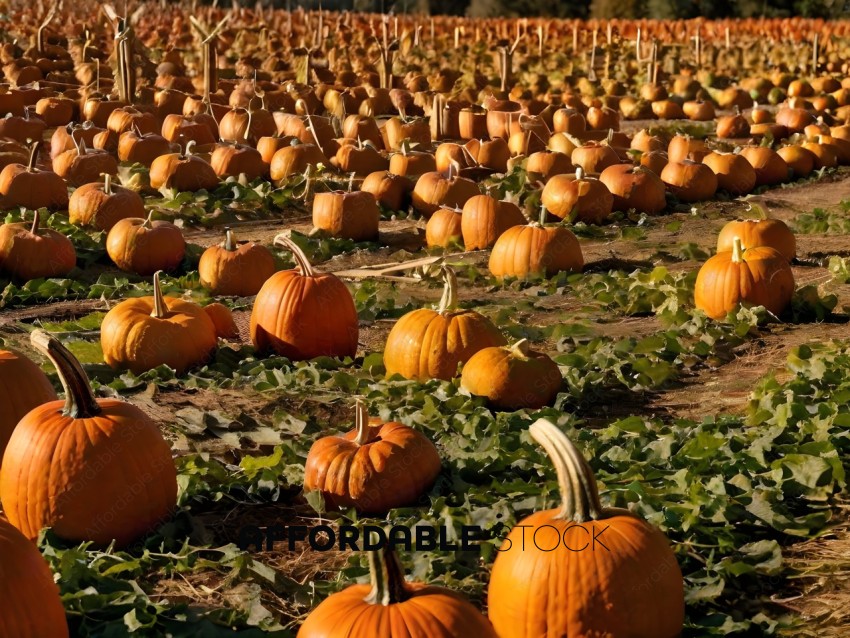 Pumpkins in a field with greenery