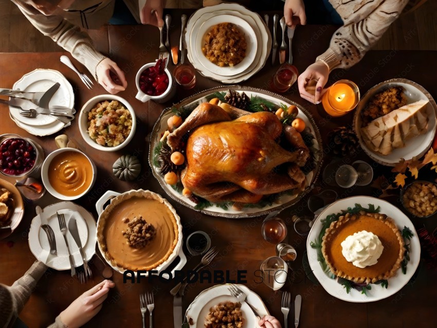 A family of four sits around a table with a roasted turkey and a variety of side dishes