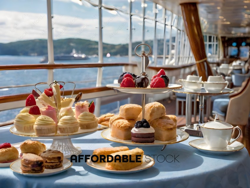 A table full of desserts on a cruise ship
