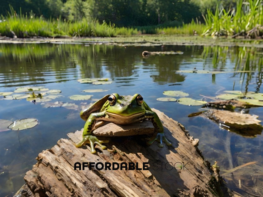 A green frog sitting on a log in the water