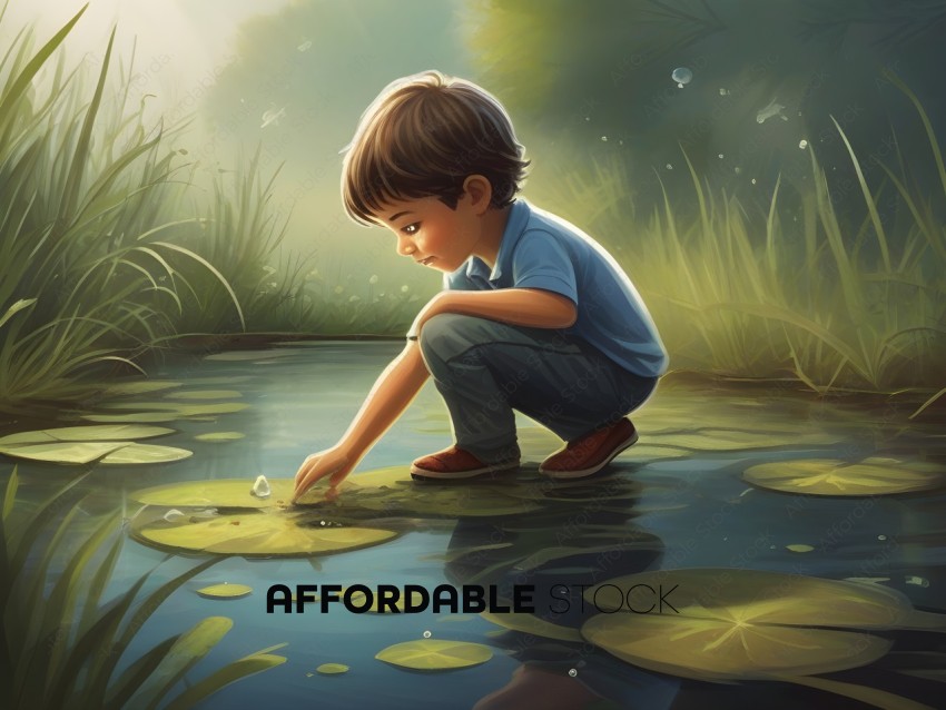A young boy crouches down to look at a pond