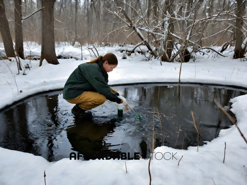 A woman crouches down to look at a pond in the snow