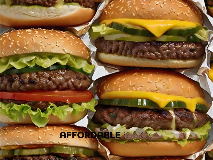 A stack of hamburgers with lettuce, tomato, and cheese