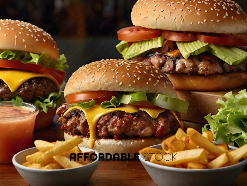 Three burgers with fries on the side